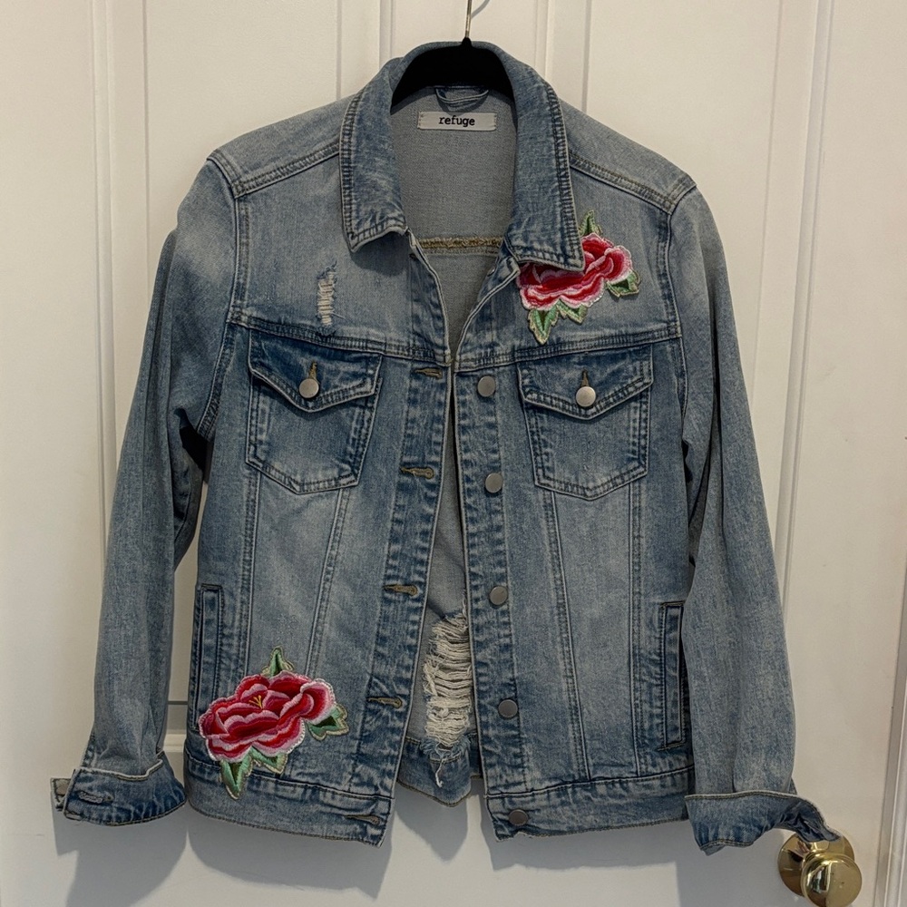 Refuge Light Blue Denim Jacket with Red Rose Detail